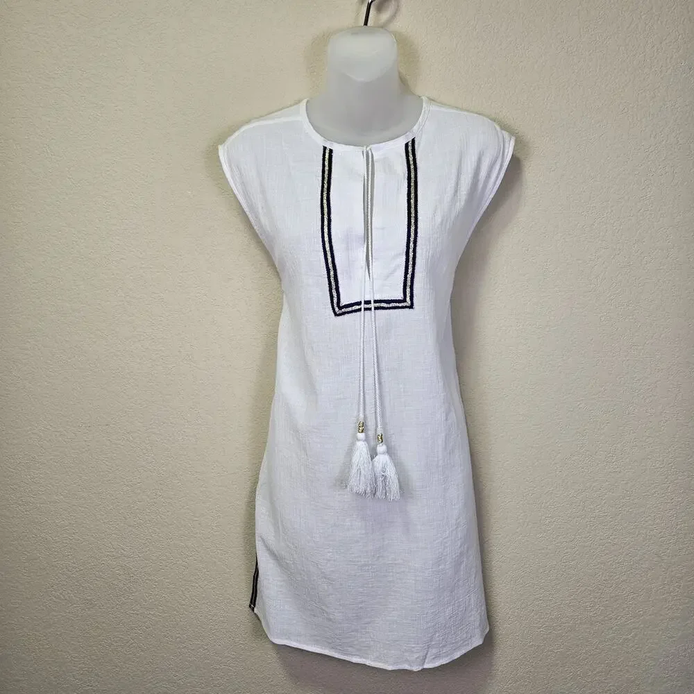 J.Crew Womens S Coverup White Sleeveless Tassel Beach Tunic C4368 Resort Cotton